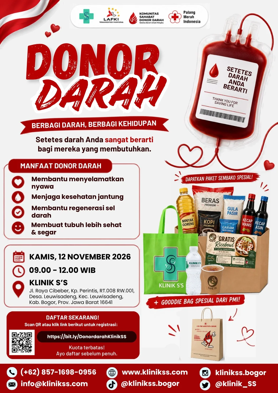 Poster kegiatan donor darah Klinik S'S pada 12 November 2026